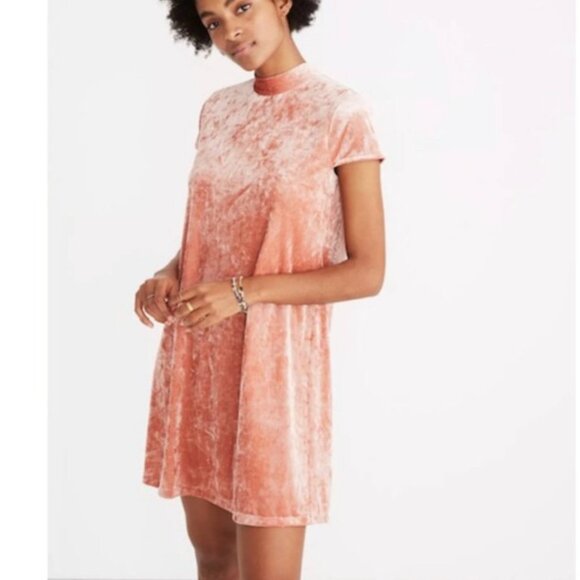 Madewell Blush Pink Crushed Velvet Dress Tie Back Short Sleeve Mock Neck Size L - Picture 2 of 13